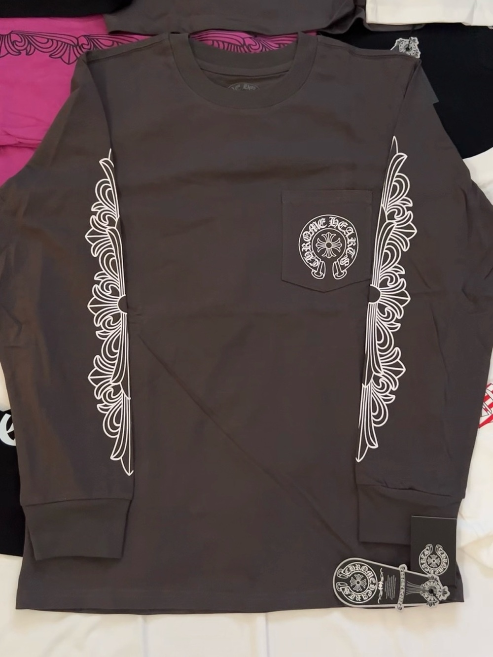 Chrome Hearts grey Long Sleeve Pocket Tee with White Sleeve Motifs